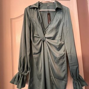 Lioness Satin Twist Dress in Soft Green